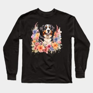 A bernese mountain dog decorated with beautiful watercolor flowers Long Sleeve T-Shirt